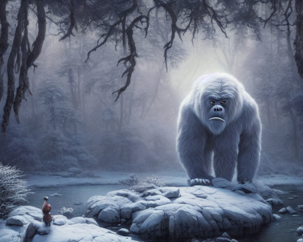 Mystical white gorilla and red-capped figure in snowy forest