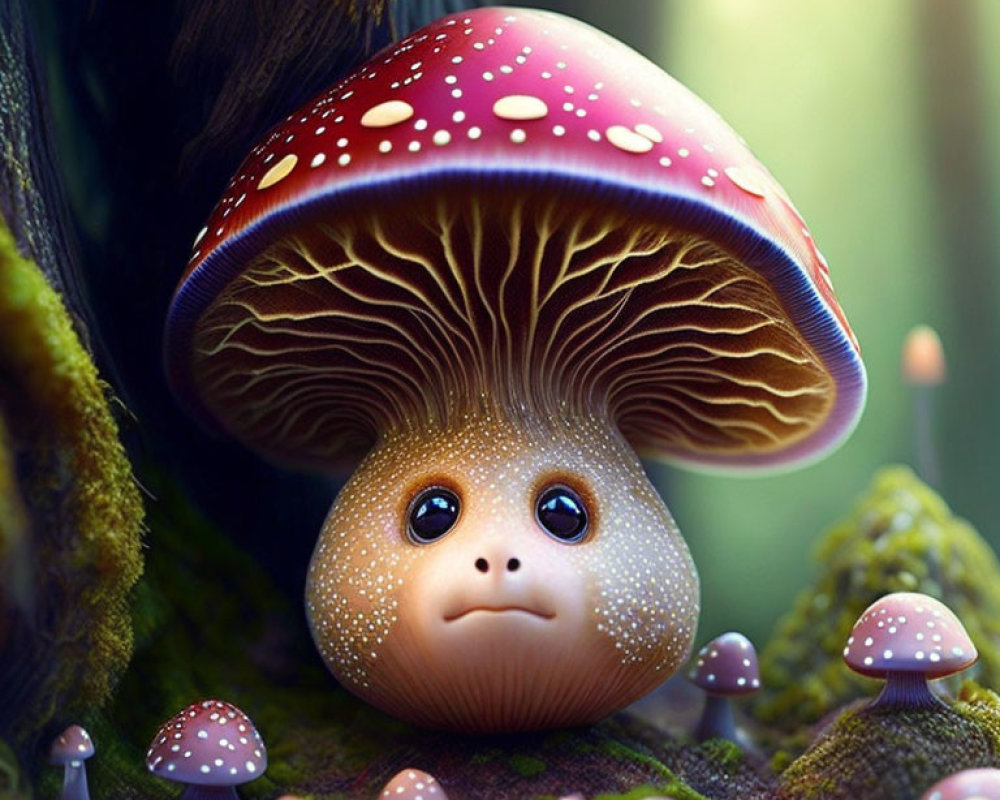 Whimsical mushroom with cute face in magical forest