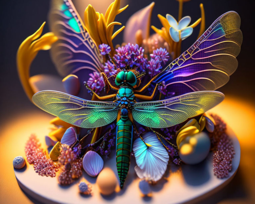 Colorful Dragonfly Amidst Exotic Flowers and Orbs