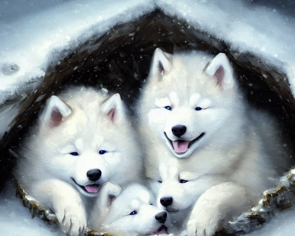 Three White Dogs Cuddling in Snowy Den