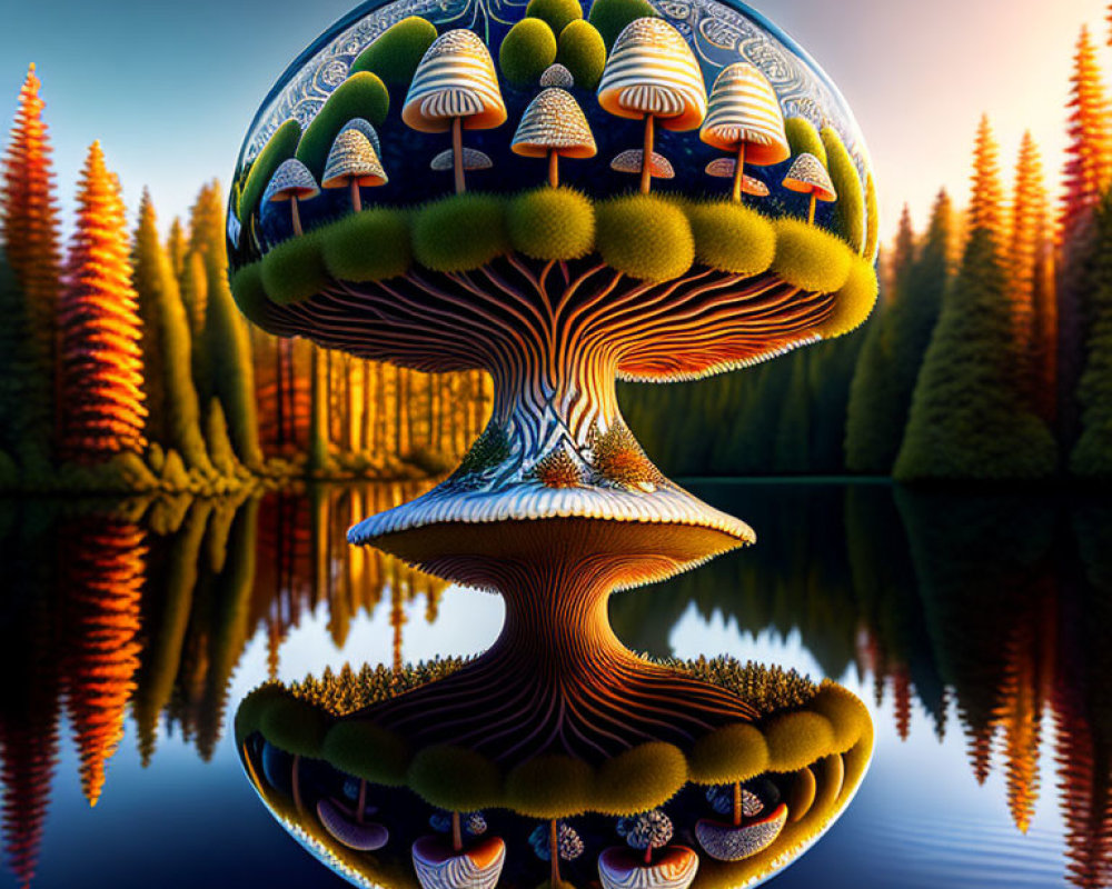 Ornate mushroom-shaped tree reflecting in water with orange trees and blue sky