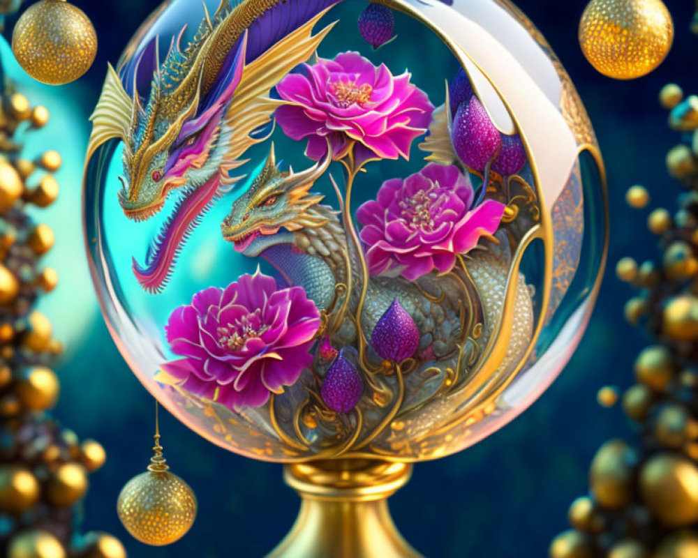 Twin dragons and vibrant flowers in clear sphere on ornate stand