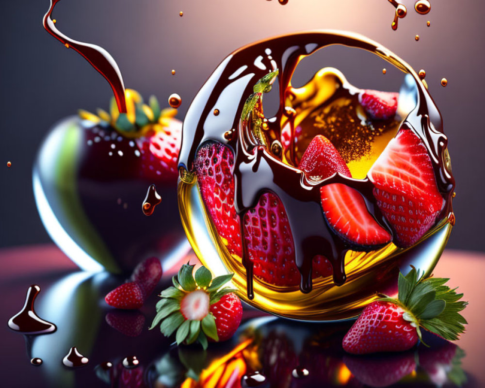 Colorful liquid sphere with strawberries and chocolate, dynamic splashes on blurred background