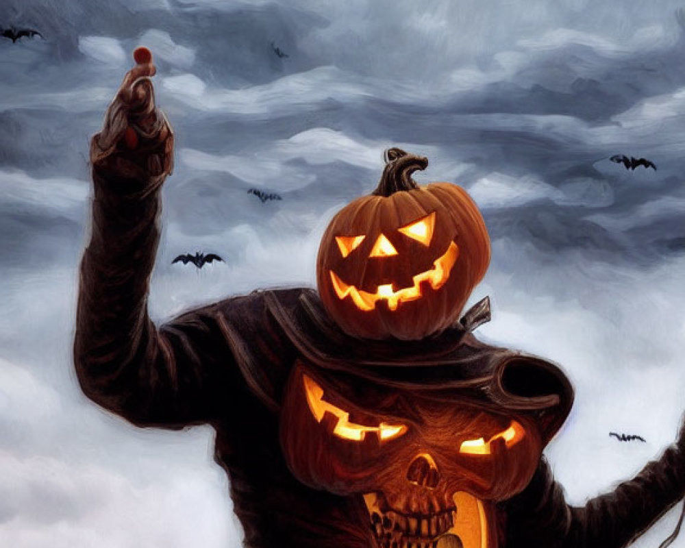 Spooky pumpkin-headed figure with bats under full moon