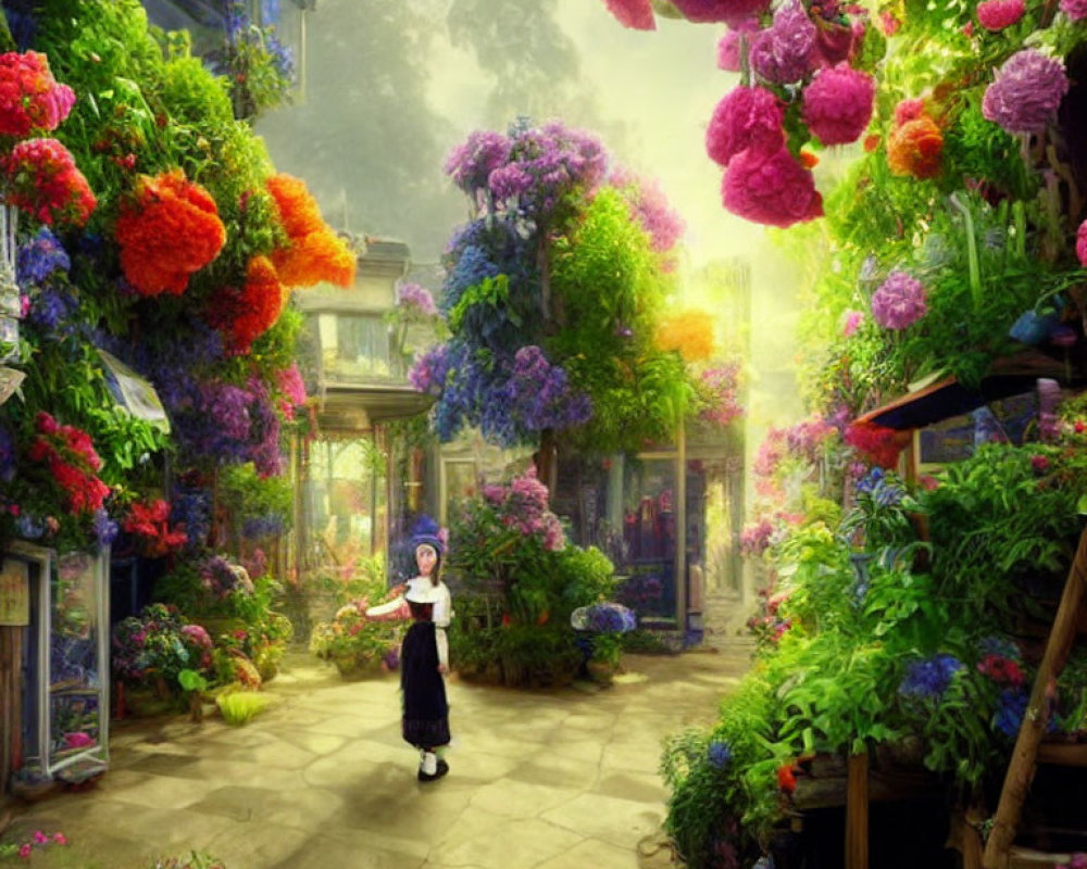 Person in Blue Headscarf Surrounded by Colorful Garden and Glasshouse