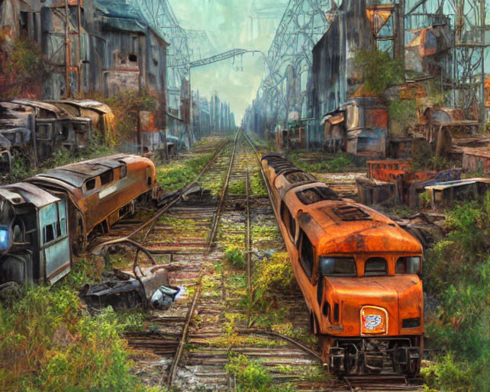 Abandoned train yard with rusting locomotives and derelict carriages