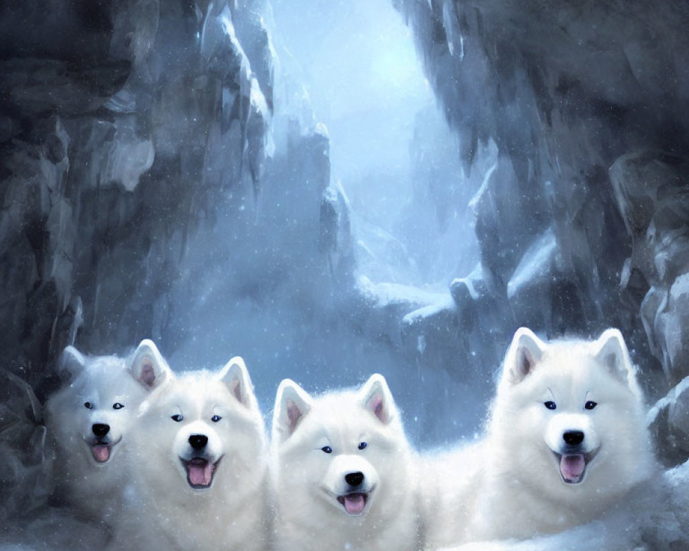 Four Samoyed Dogs Resting in Snow at Icy Cave Entrance