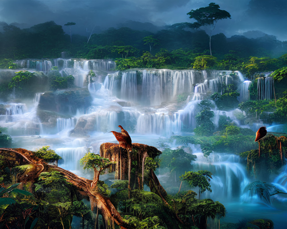 Majestic multi-tiered waterfall in lush jungle with mist and eagles.