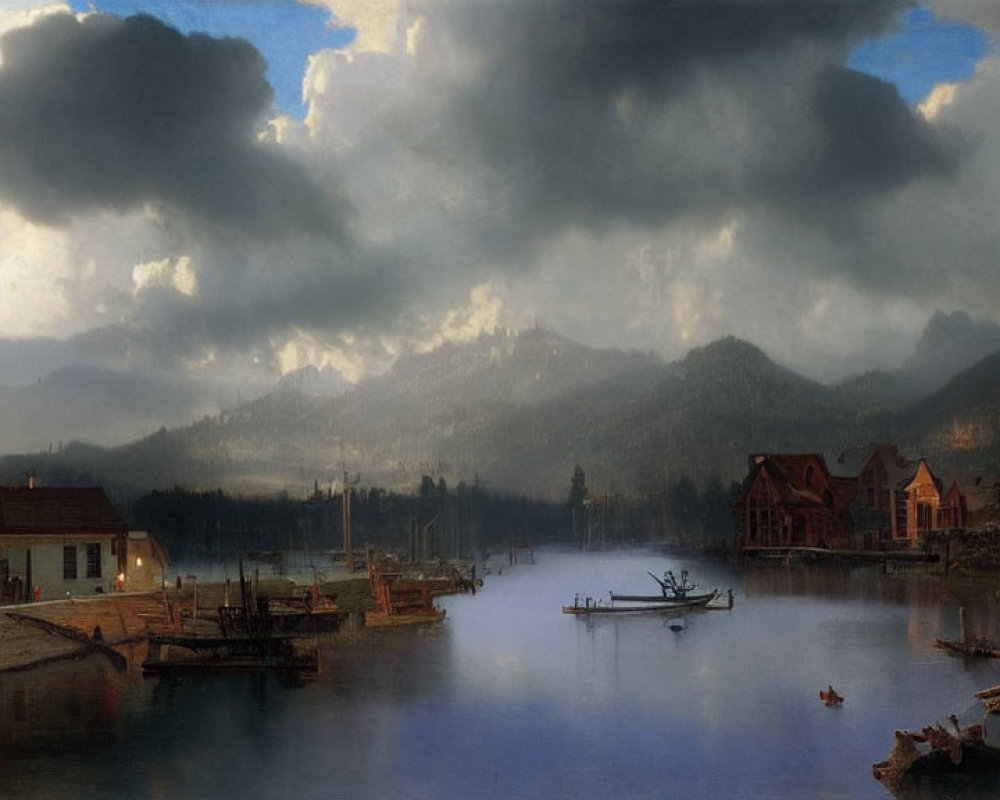 Scenic lake with boats, buildings, mountains, and dramatic sky.