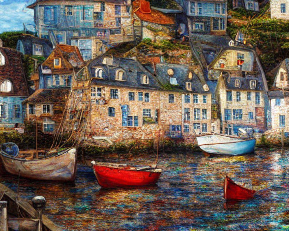 Whimsical coastal village painting with vibrant colors