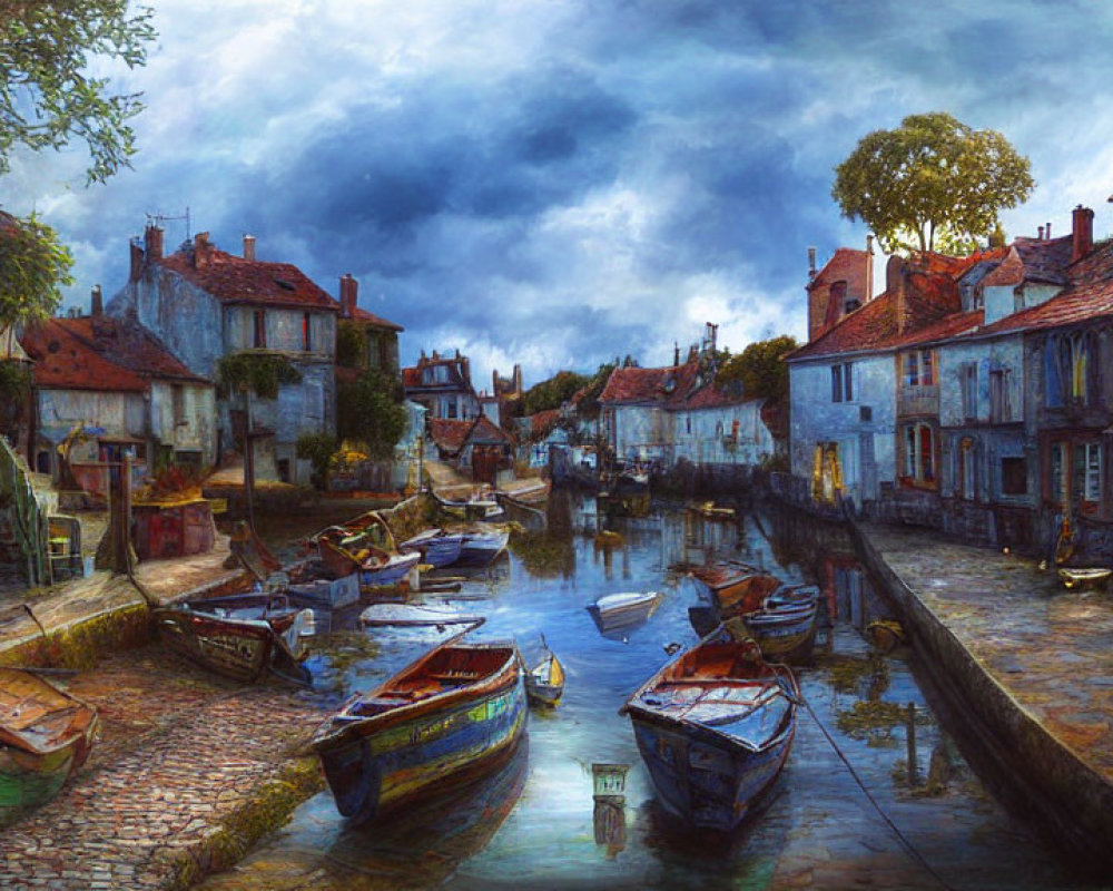 European village painting: cobblestone streets, canal with boats, overcast skies