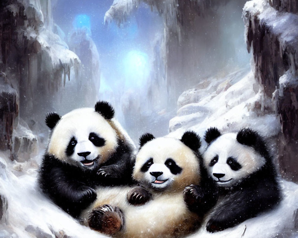 Three pandas in snowy landscape with icy cliffs and blue glow