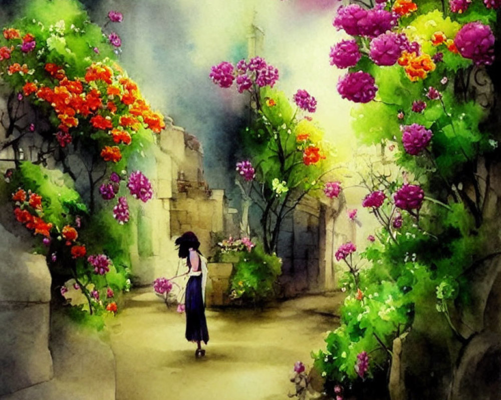 Person in Dark Outfit Walking Down Flower-Lined Path with Colorful Buildings