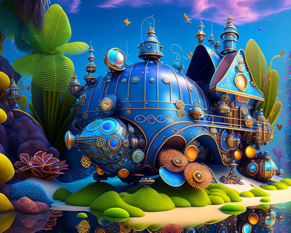 Colorful Coral Reefs and Ornate Submarines in Whimsical Underwater Scene