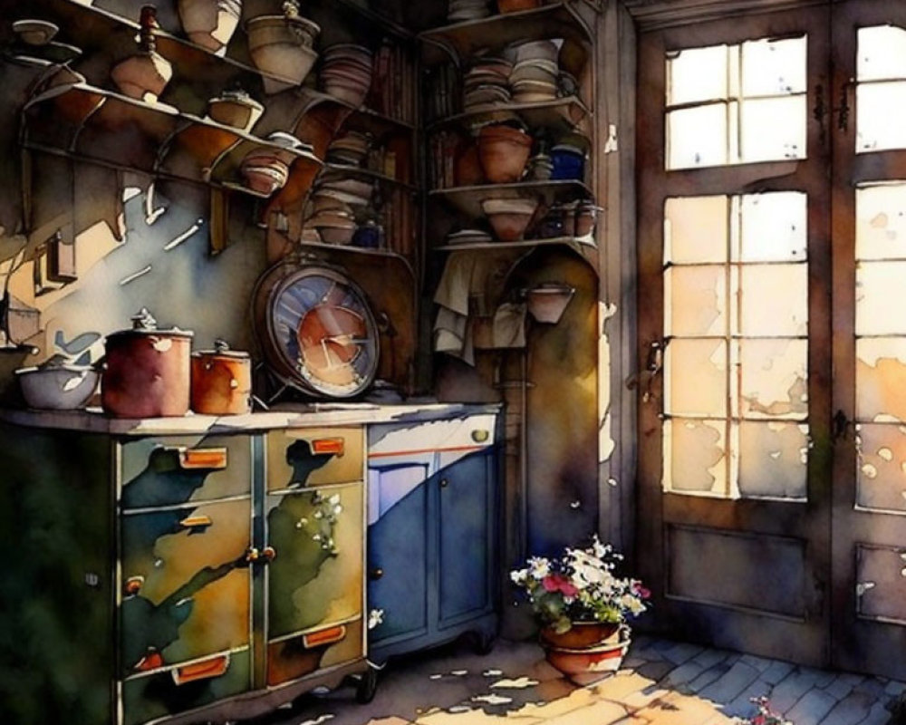 Sunlit kitchen corner with old-fashioned stove and colorful flowers