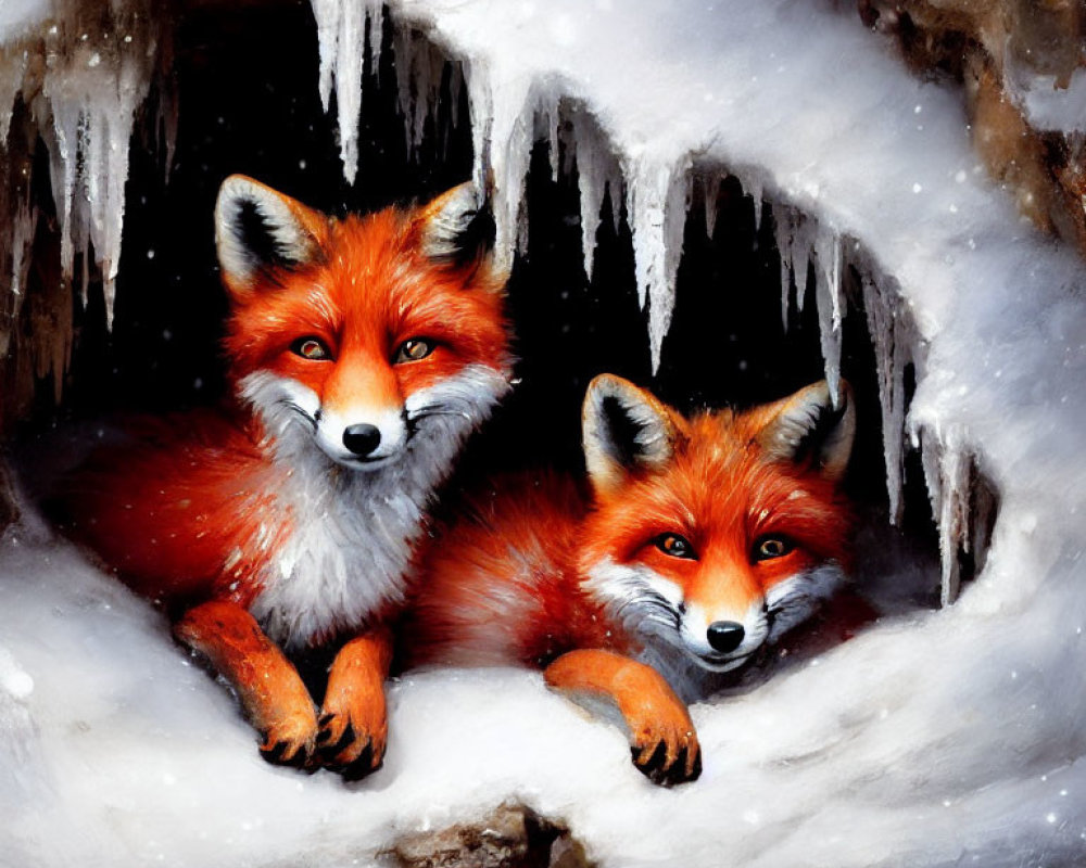 Red Foxes Nestled in Snowy Den with Icicles
