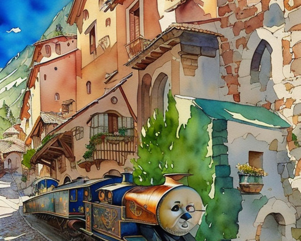 Colorful anthropomorphic train travels through European-style street