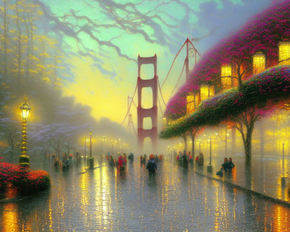 Colorful painting: Busy street at dusk with Golden Gate Bridge, lit street lamps, and pink bloss