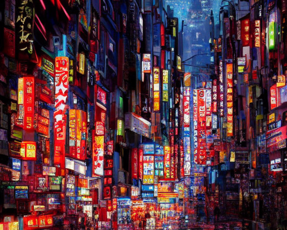 Vibrant neon street scene in Asian city at night