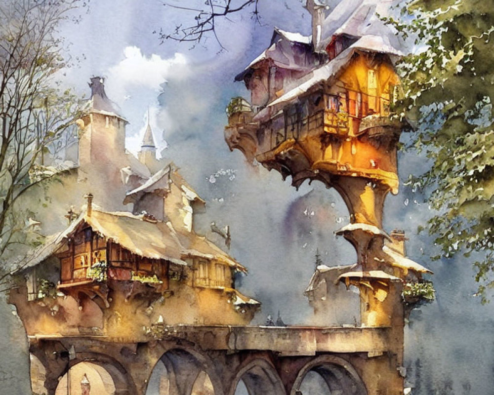 Whimsical watercolor painting of a fantasy treehouse and buildings