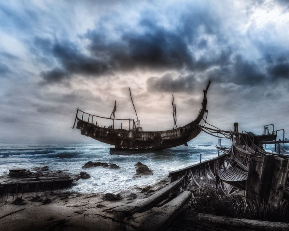 Decaying shipwreck on rocky shore with dramatic sky and crashing waves