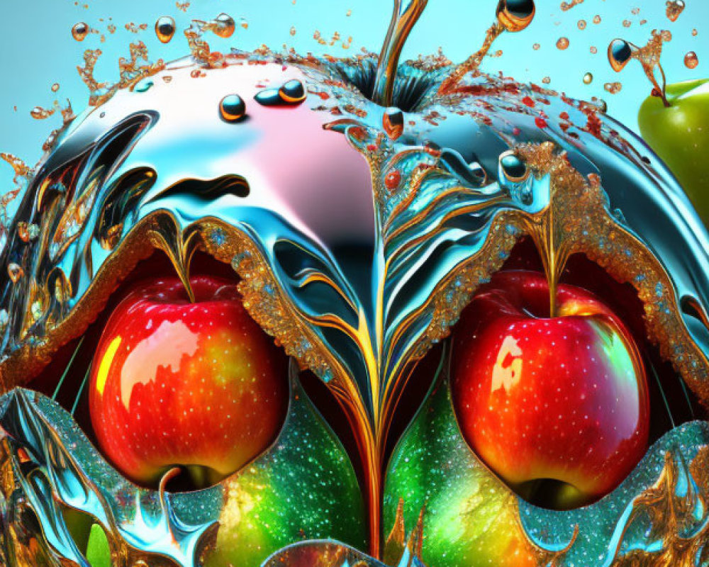 Colorful Digital Artwork: Shiny Apples in Liquid Gold Splash