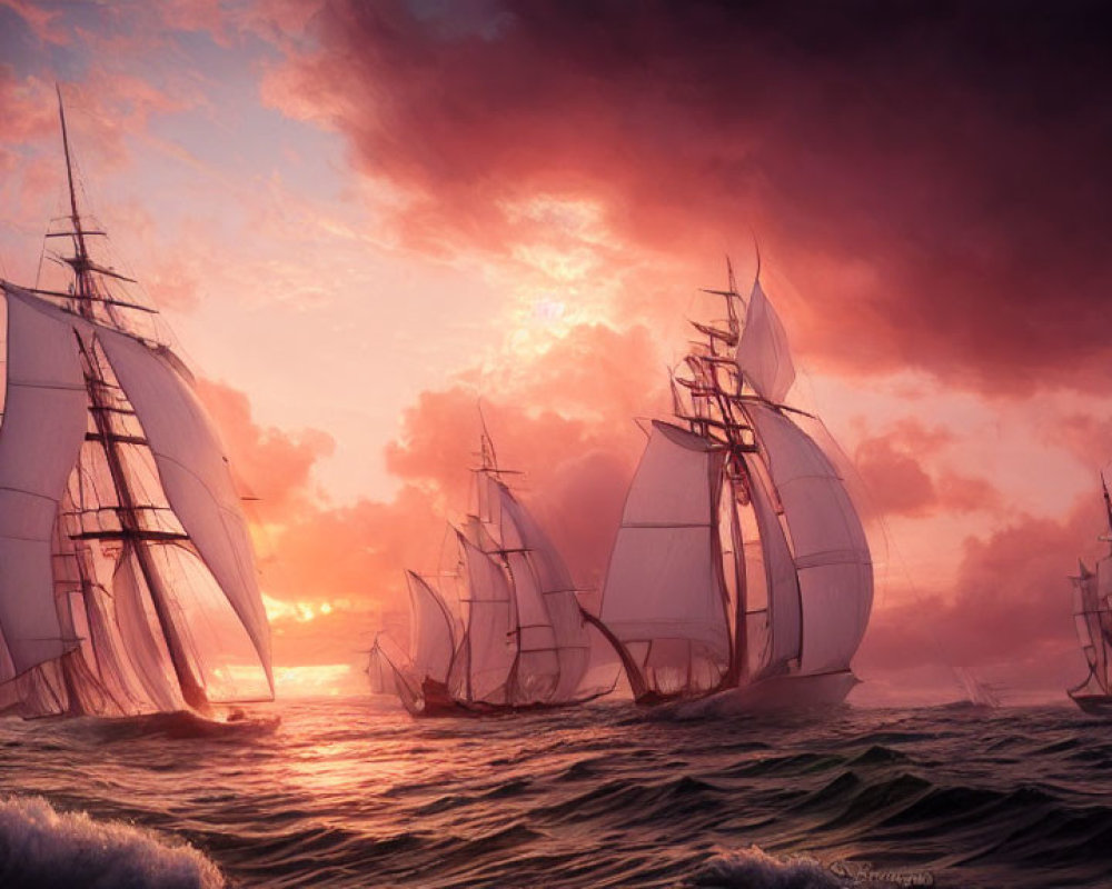 Historic sailing ships on turbulent seas at sunset.