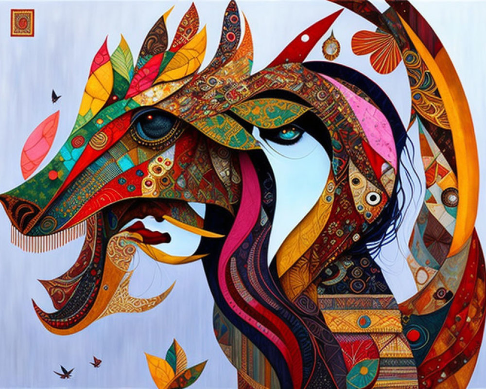 Colorful Stylized Horse Artwork with Intricate Patterns and Decorative Motifs