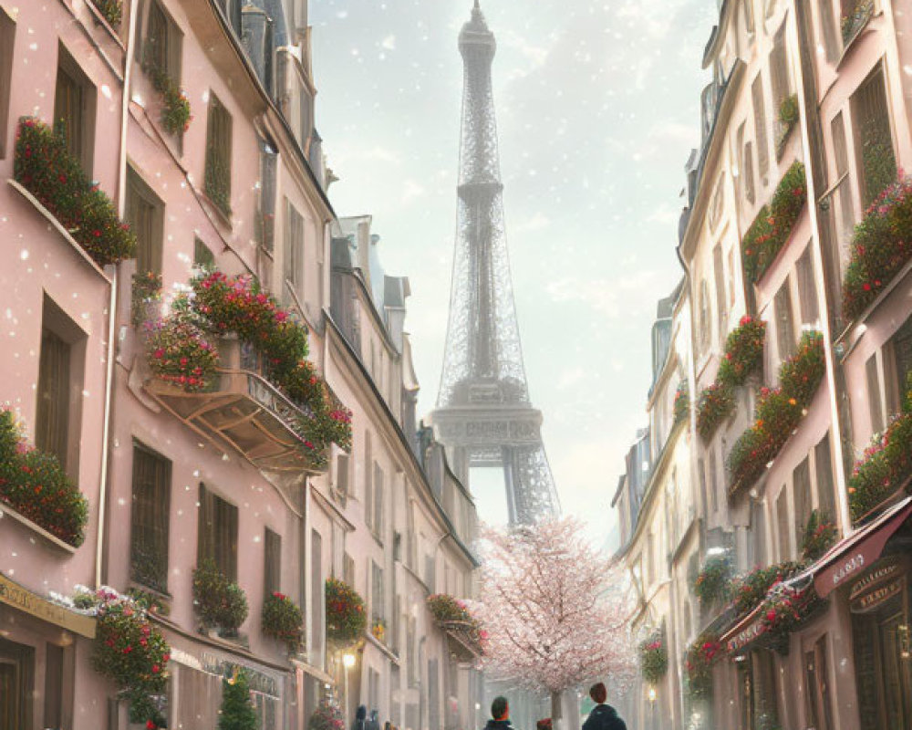 Parisian Street Scene: Spring Blossoms, Eiffel Tower Backdrop