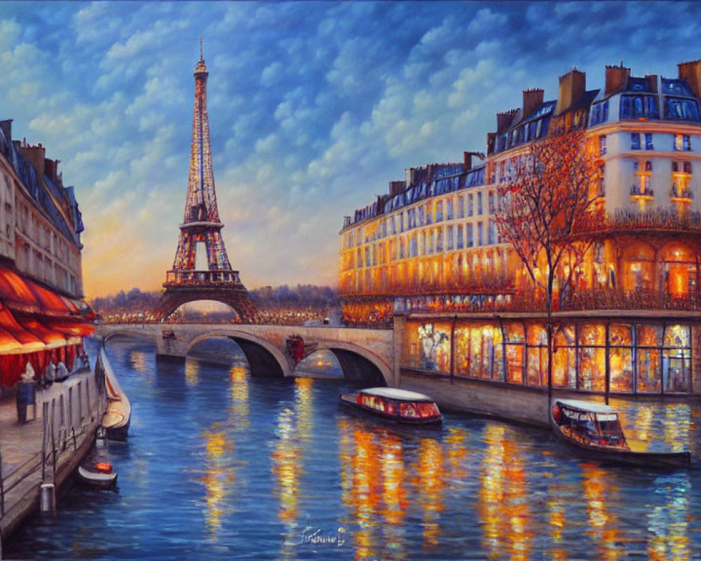 Scenic painting of Seine River with Eiffel Tower at dusk