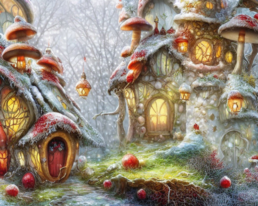 Snowy Landscape with Mushroom Houses and Frosted Trees Illuminated by Warm Glowing Windows