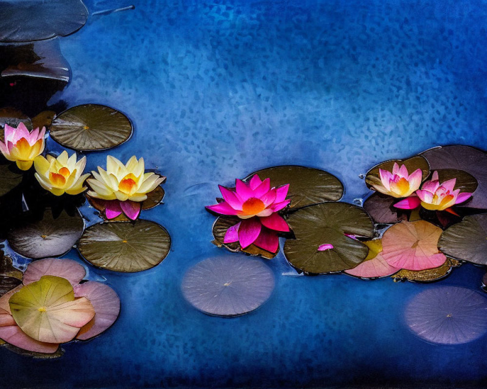 Vibrant Pink and Yellow Water Lilies on Blue Water Surface