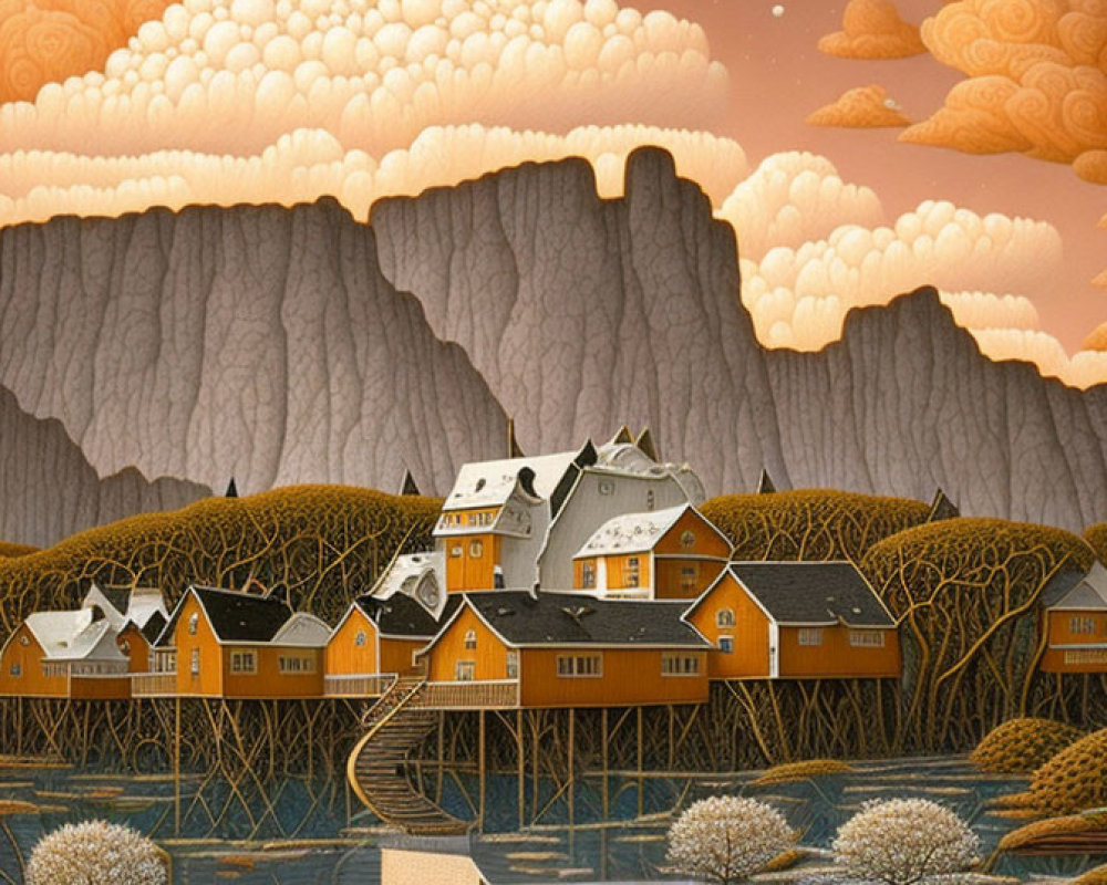 Stylized artwork of quaint village with orange houses on stilts, cliffs, textured sky, cum