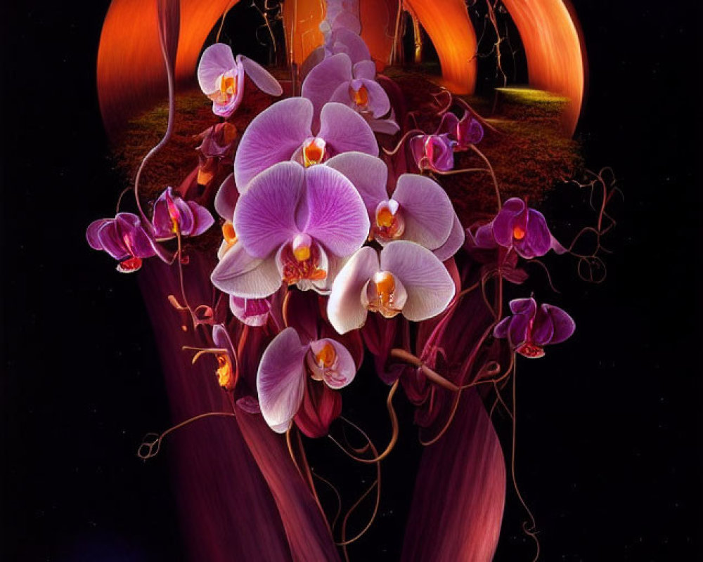 Vibrant purple and pink orchids in surreal digital art piece