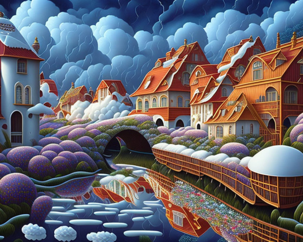 Whimsical surreal landscape with vibrant river and unique houses