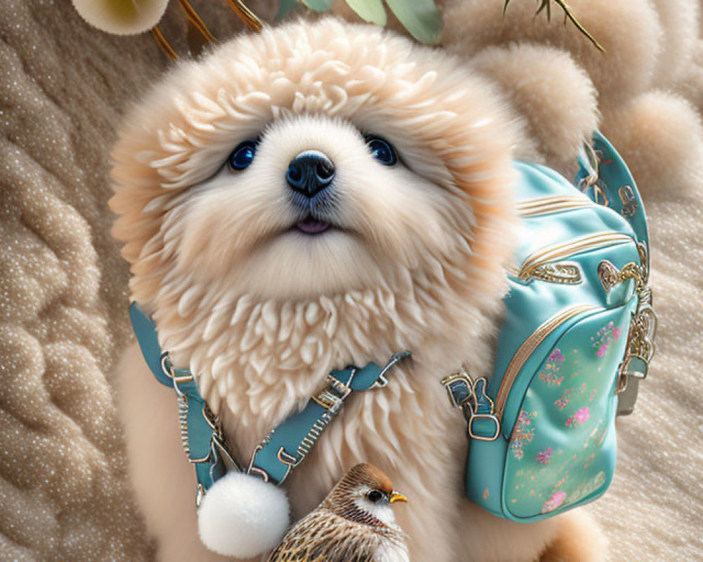 Fluffy dog with blue studded collar beside matching bag, surrounded by soft textures, rose, green