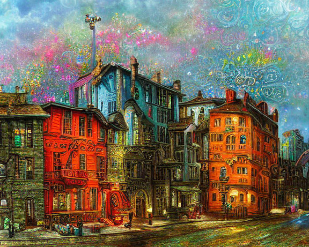 Colorful European-style buildings on cobblestone street under surreal starry sky.