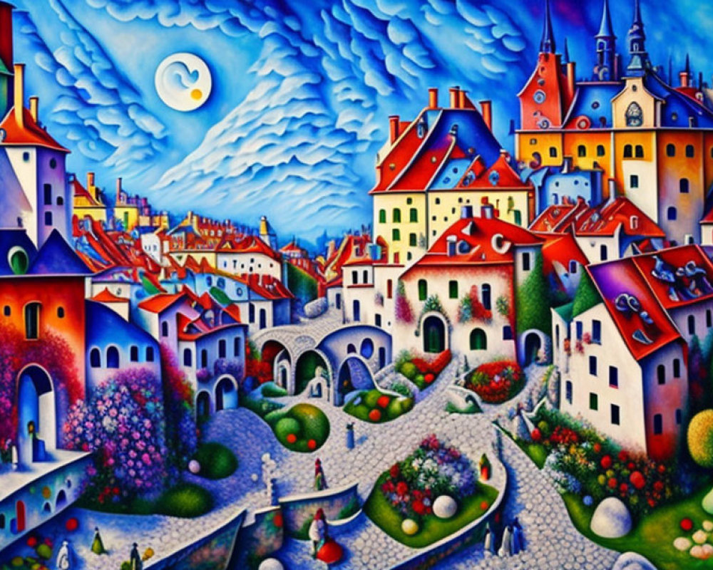 Colorful whimsical village painting with curvy architecture, lush greenery, and swirling sky.