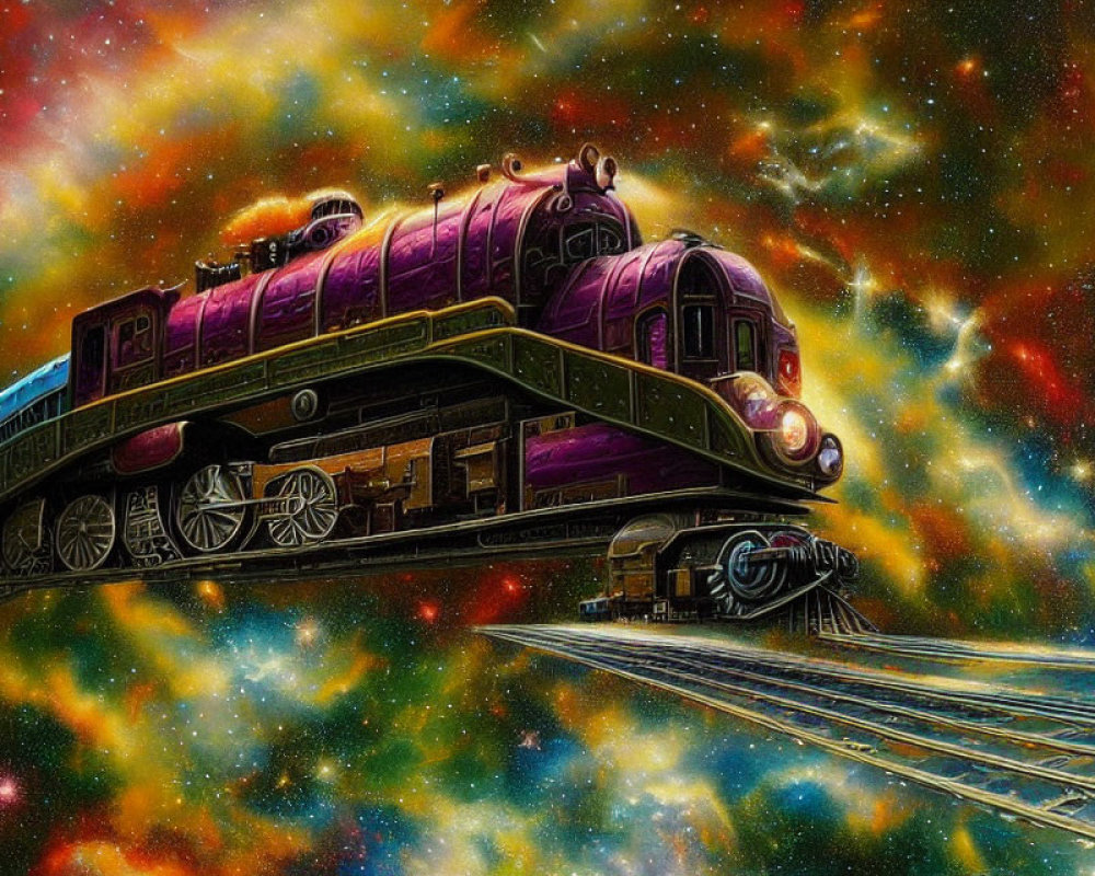 Purple and Green Vintage Steam Locomotive in Cosmic Landscape