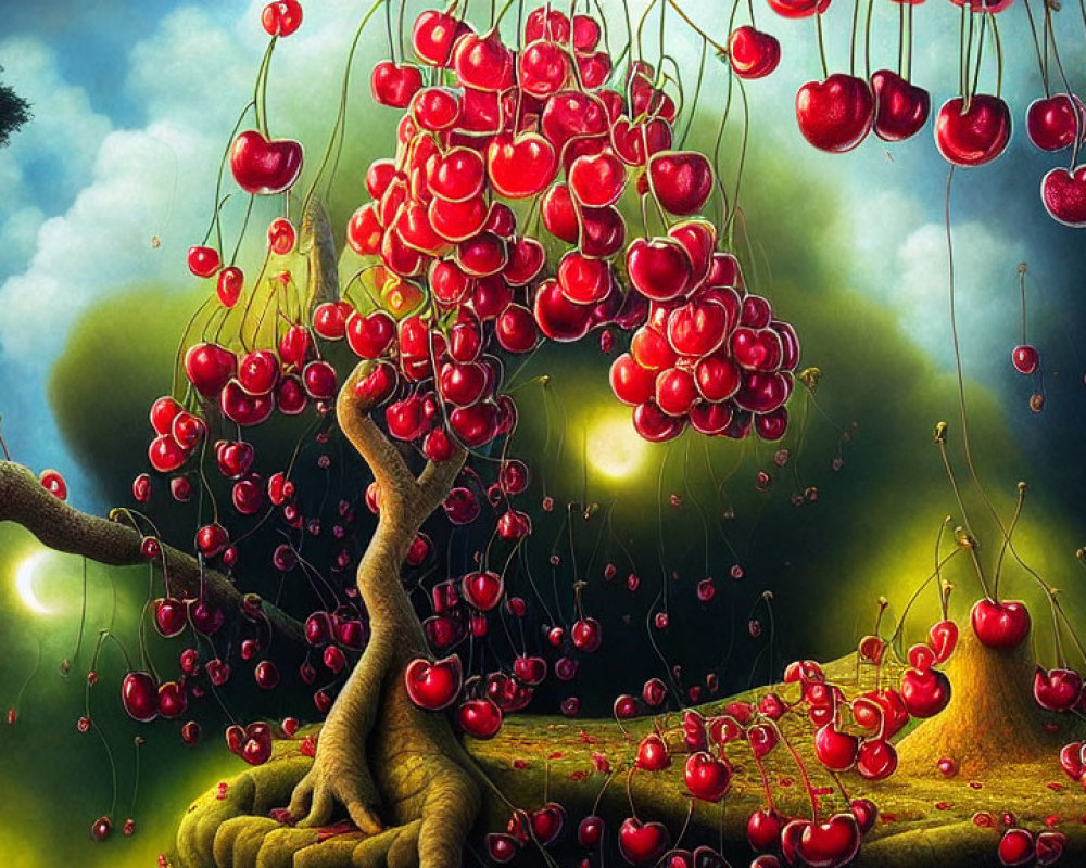 Whimsical tree illustration with oversized red cherries in dreamy forest setting