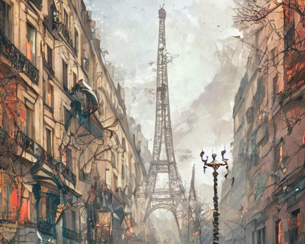 Post-Apocalyptic Paris Street Scene with Eiffel Tower and Abandoned Vehicles