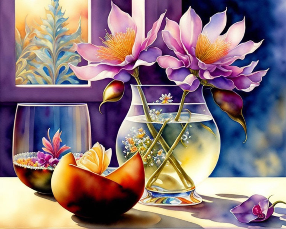 Colorful Still Life Painting: Glass Vase, Pink Lotus Flowers, Peach Bowl, Winter Scene