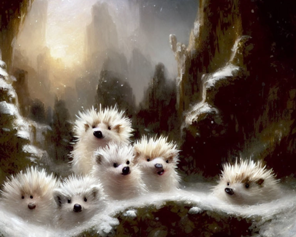 Six fluffy hedgehogs with sparkling eyes in snowy forest scene