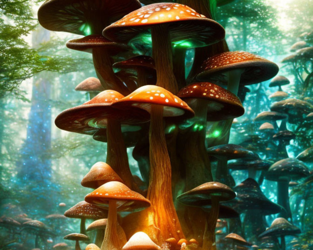 Fantastical forest with oversized luminescent mushrooms and diverse foliage