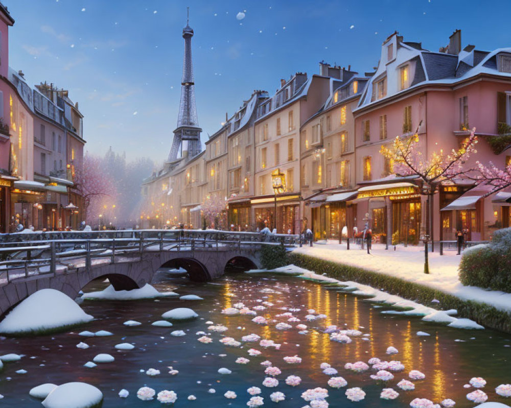 Paris Twilight Scene: Eiffel Tower, Snow-Covered Streets, Pink Trees