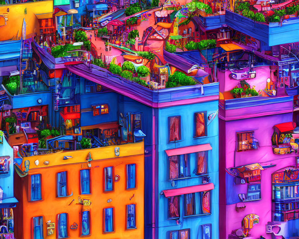 Colorful digital artwork of whimsical buildings with unique architecture.