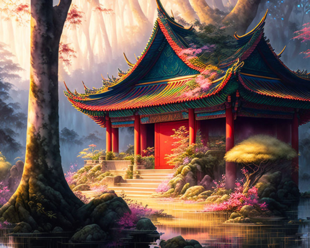 Traditional Asian Pavilion Surrounded by Purple Flora in Mystical Forest