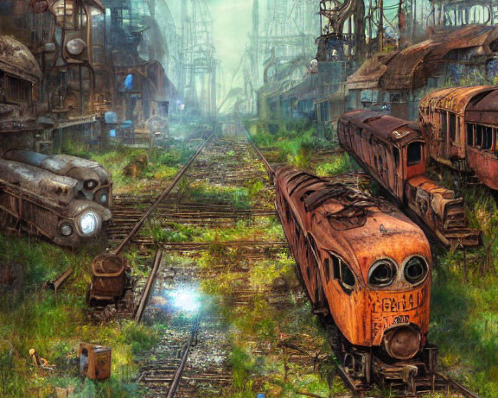 Dystopian scene of rusty trains and industrial ruins in sepia-toned sky