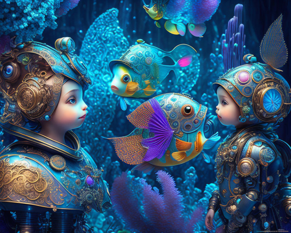 Steampunk-themed armored figures with mechanical fish in underwater setting