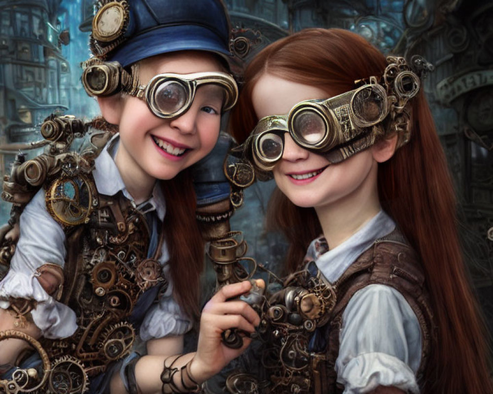 Whimsical steampunk attire on two girls in a fantastical city